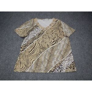 Rebecca Malone Animal Print V-Neck Top Large Leopard Zebra Pattern Beige Brown‎